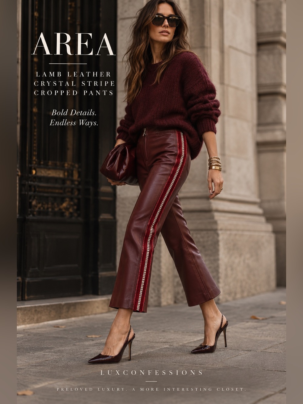 AREA Burgundy Crystal-Trim Lamb Leather Pants | Size 6